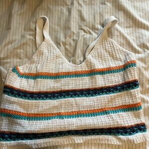 Cream Ribbed Crop Tank Top with Green Stripes